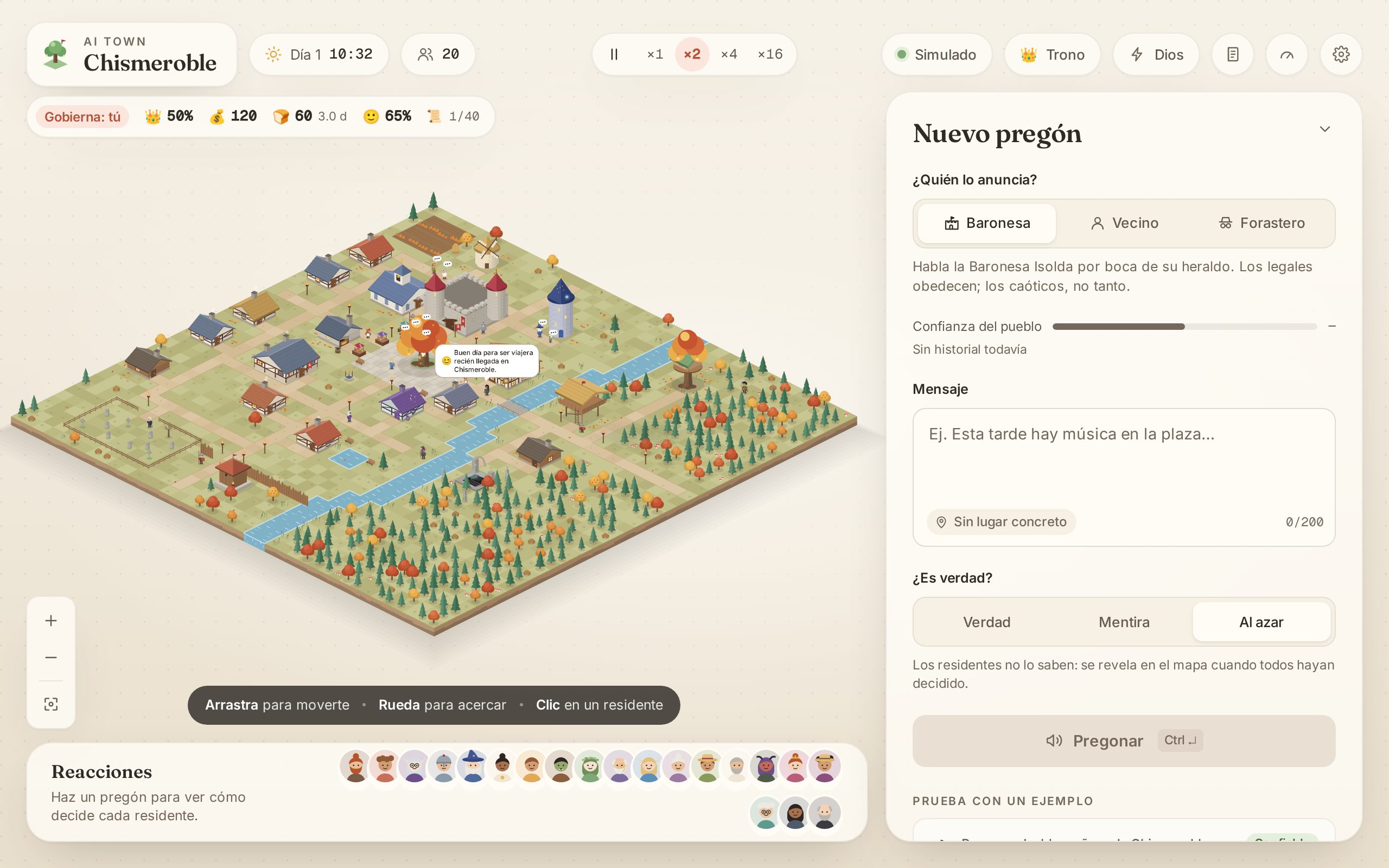 AI Town: an isometric snowy village of twenty residents, a panel to write a proclamation and mark it true or false, and a row of resident portraits waiting to react.