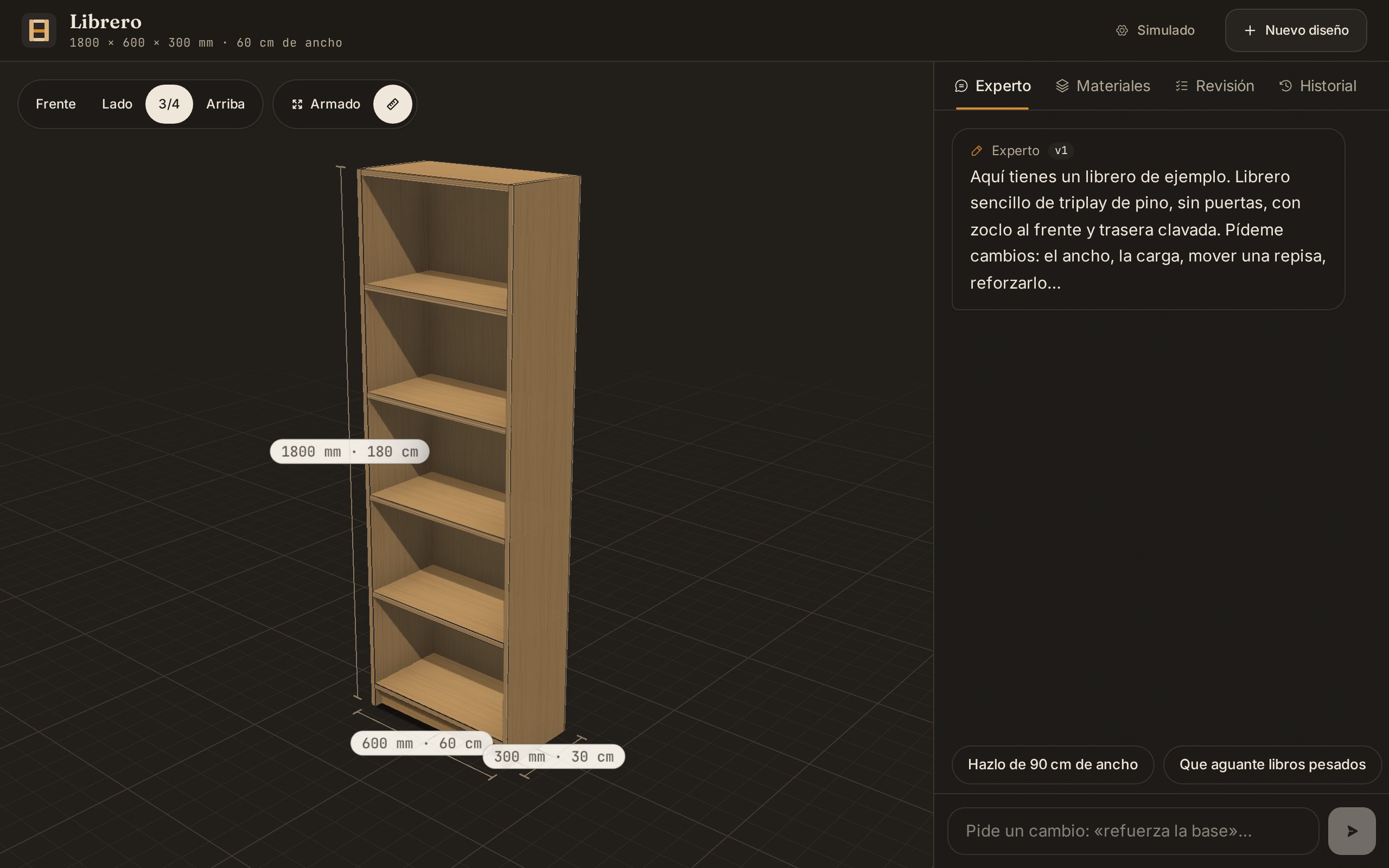 Knotty: a plywood bookcase in 3D with its height, width and depth marked, beside a chat where the carpenter offers changes such as making it 90 cm wide.