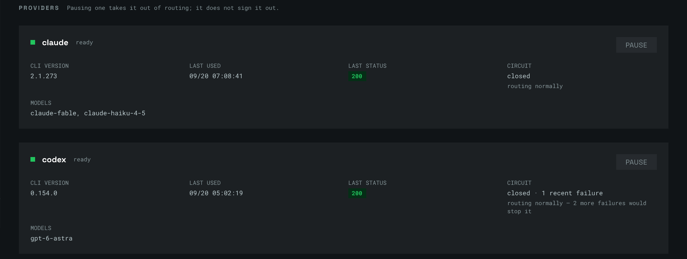 The System page's provider cards: claude and codex, each with its CLI version, last use, last status, circuit state and the models it serves, and a Pause button.
